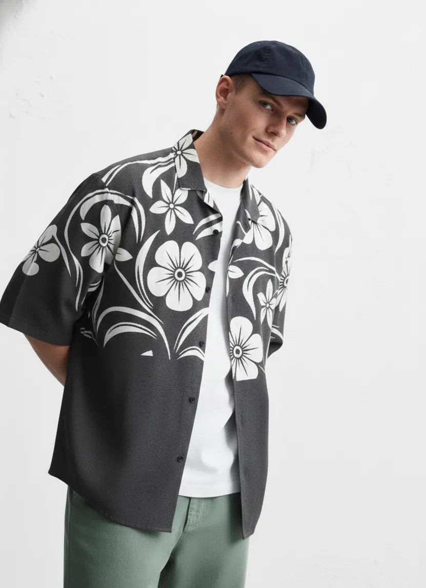 Black Flowers Button Shirt Point 42.8