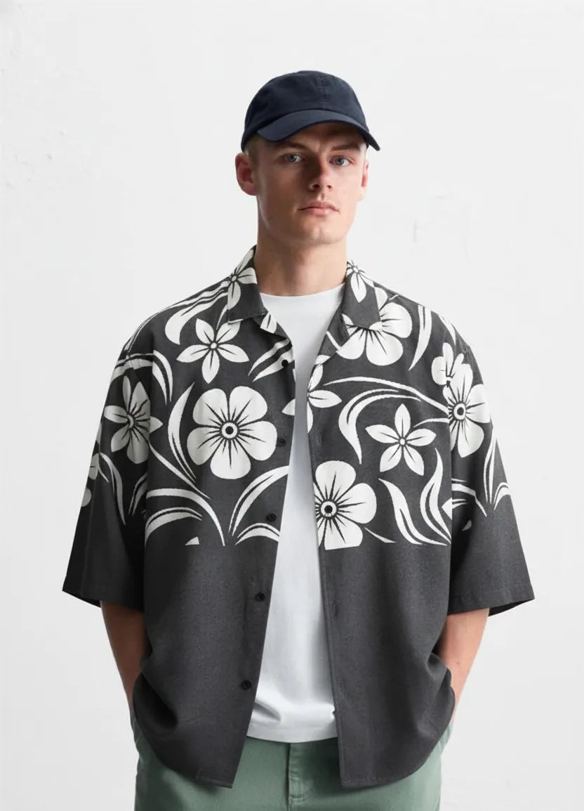 Black Flowers Button Shirt Point 42.8
